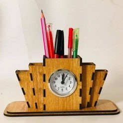 Wooden Desk Organizer – Pen Holder and Clock