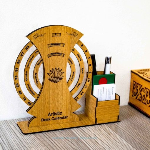 UNIVERSAL LIFETIME Wooden Desk Calendar with Pen Holder and Card Holder