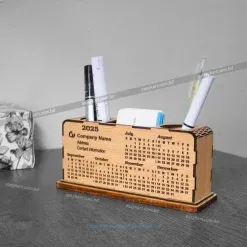 Premium Wooden Desk Calendar with Business Card & Pen Holder – Compact Desk Organizer