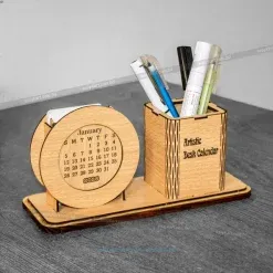 Wooden Desk Calendar with Pen & Card Holder – Elegant 3-in-1 Office Organizer