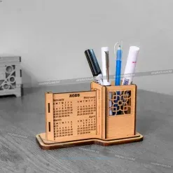 Stylish Wooden Desk Calendar with Pen Holder – Compact Office Organizer