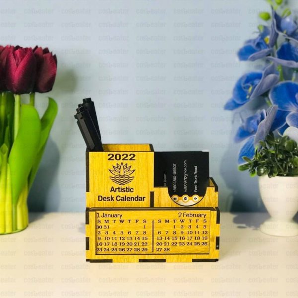 7 Costeater New Wooden Desk Calendar with Pen Holder, Card Holder