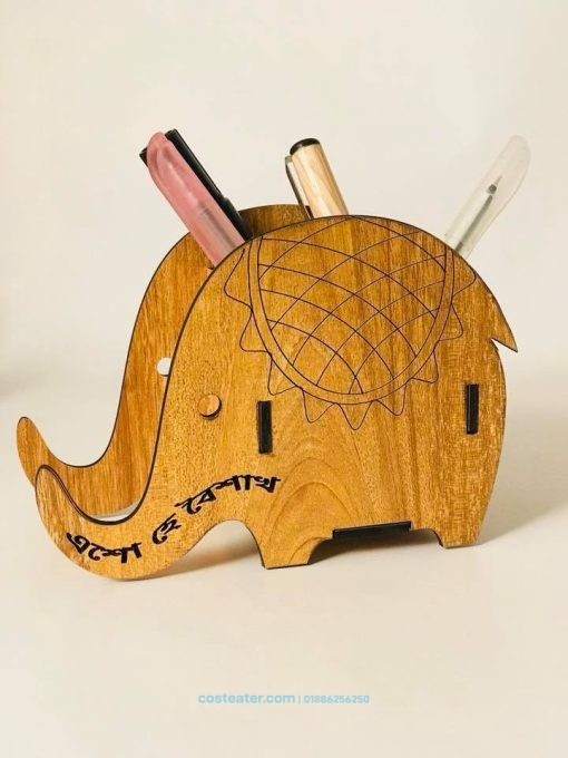 Handcrafted Wooden Elephant Pen Holder – Perfect Desk Accessory