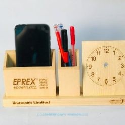 Wooden Desk Organizer – Pen Holder, Mobile Holder and Clock