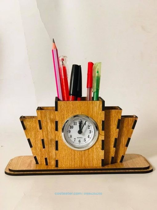 Wooden Desk Organizer – Pen Holder and Clock