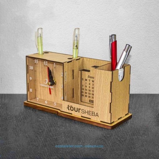 Costeater Wooden Desk Set: Clock, Calendar, Pen Holder, and Card Holder