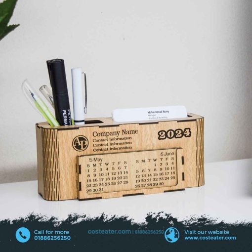 Costeater Multifunctional Desk Organizer: Wooden Calendar, Pen Holder, Card Holder, and Mobile Stand