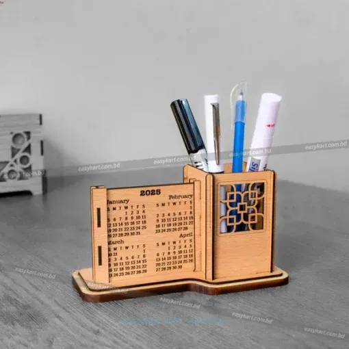 Stylish Wooden Desk Calendar with Pen Holder – Compact Office Organizer