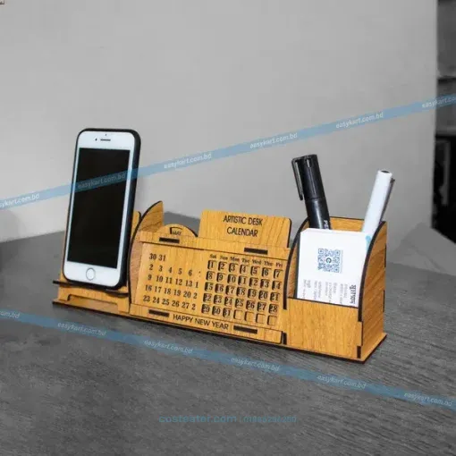 Wooden Perpetual Desk Calendar with Mobile Stand, Pen & Card Holder – Stylish 4-in-1 Desk Organizer