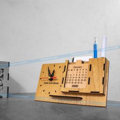Wooden Desk Calendar with Clock, Business Card Holder & Pen Holder